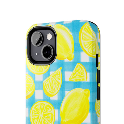 Yellow Lemons & Turquoise Gingham Watercolor Illustrated Tough Phone Case | Various Models Available