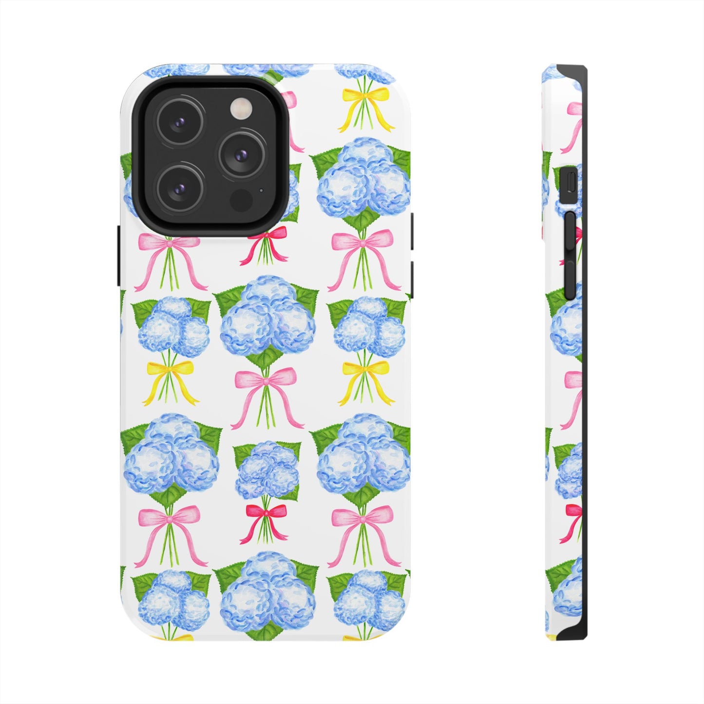 Blue Hydrangeas with Hot Pink, Yellow, Light Pink Bows Watercolor Illustrated Patterned Tough Phone Case | Various Models