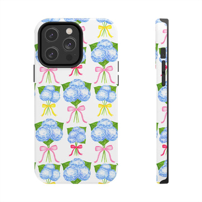 Blue Hydrangeas with Hot Pink, Yellow, Light Pink Bows Watercolor Illustrated Patterned Tough Phone Case | Various Models