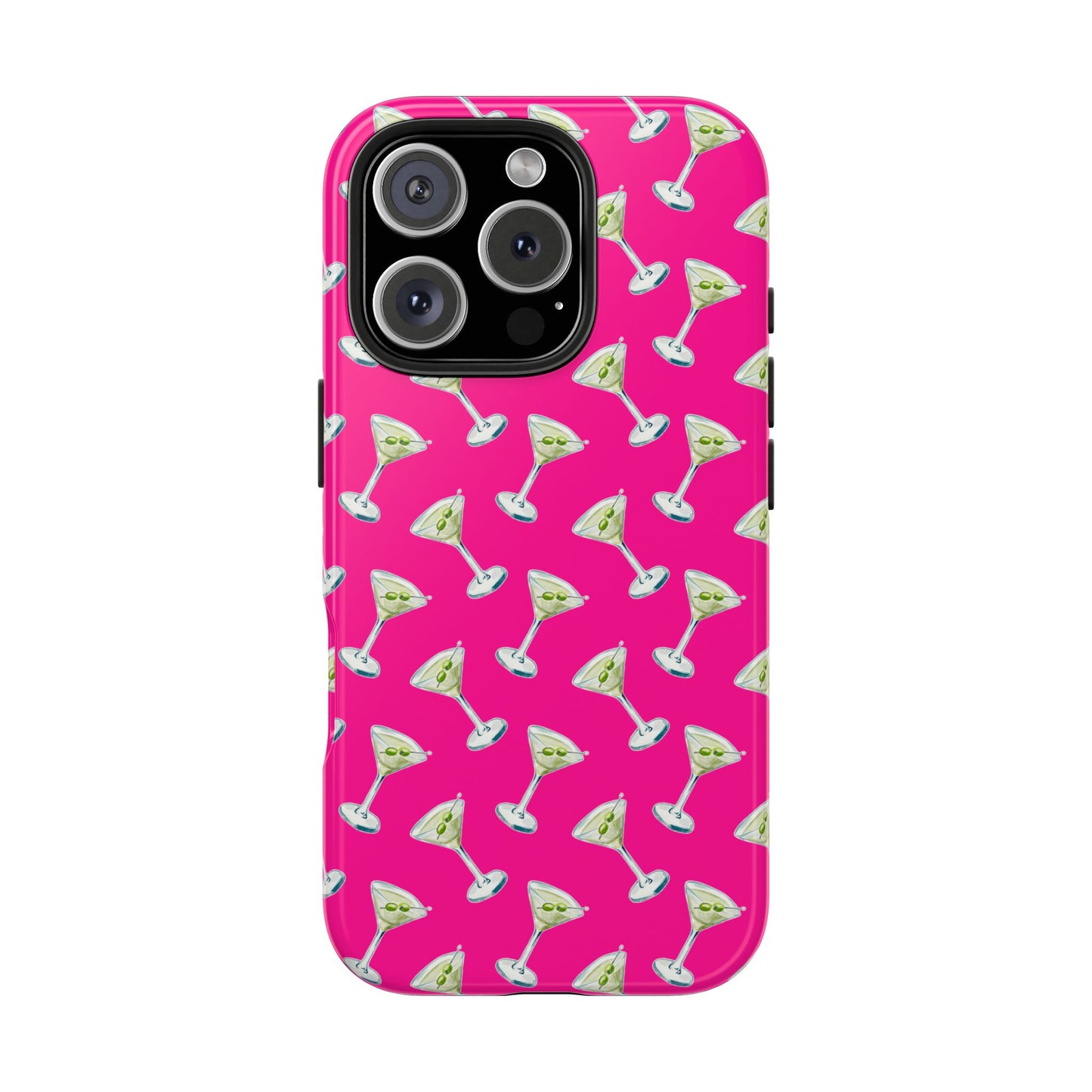 Hot Pink Mini Martini Watercolor Illustrated Tossed Pattern Tough Phone Case | Various Models Available iPhone 16 Pro