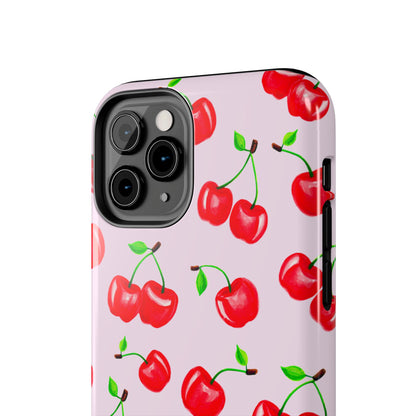 Tossed Red Watercolor Cherries Illustrated Pattern Light Pink Tough Phone Case | Various Models