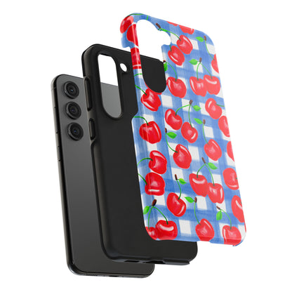 Tossed Red Cherries Blue Gingham Checkered Watercolor Illustrated Tough Phone Case | Various Models