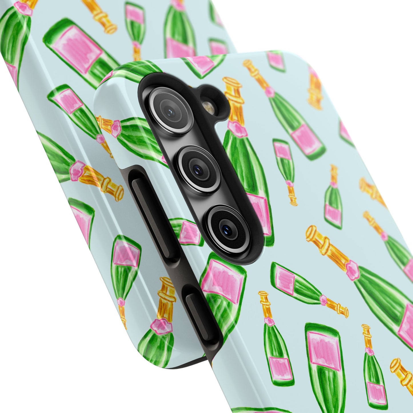 Tossed Pink and Green Watercolor Illustrated Champagne Bottles Pattern Light Blue Tough Phone Case | Various Models