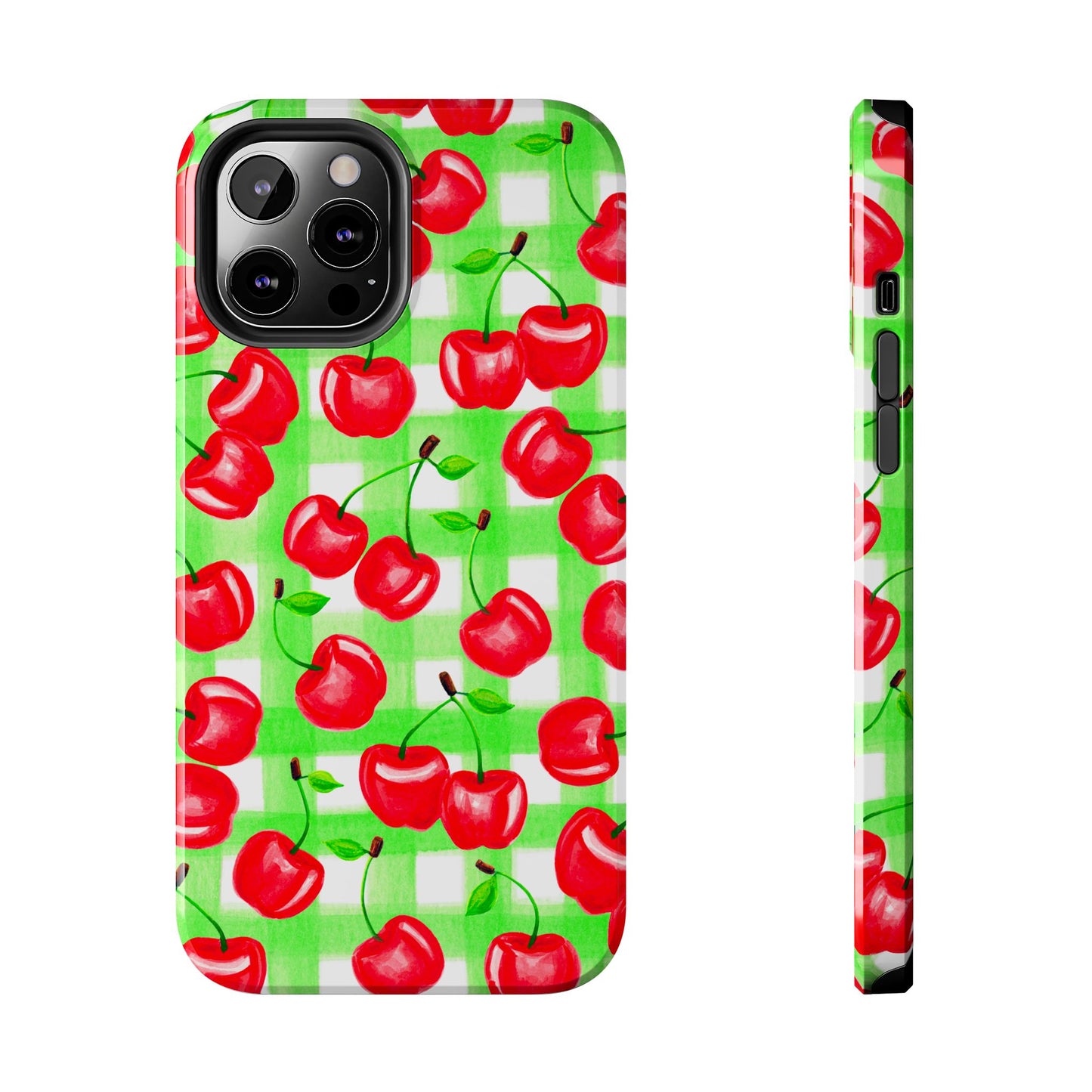 Red Tossed Cherries Green Gingham Watercolor Illustrated Tough Phone Case | Various Models Available