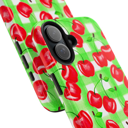 Red Tossed Cherries Green Gingham Watercolor Illustrated Tough Phone Case | Various Models Available