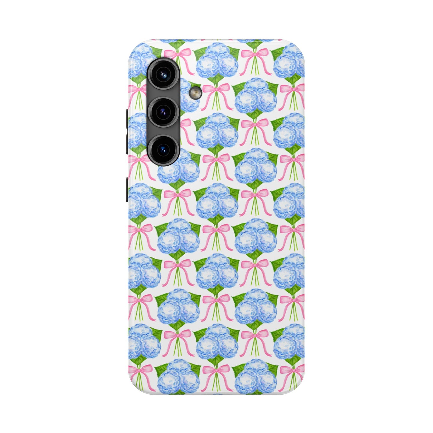 Blue Watercolor Hydrangea Bouqets with Light Pink Bows Watercolor Illustrated Patterned Tough Phone Case | Various Models