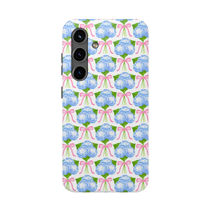 Blue Watercolor Hydrangea Bouqets with Light Pink Bows Watercolor Illustrated Patterned Tough Phone Case | Various Models