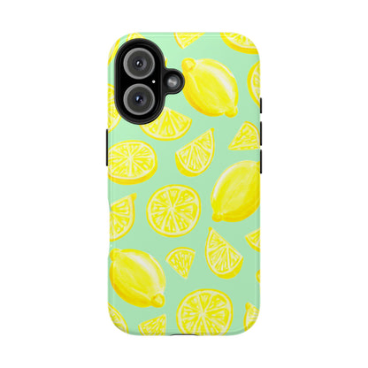 Bright Yellow Lemons Watercolor Illustrated Tossed Pattern Mint Green Tough Phone Case | Various Models