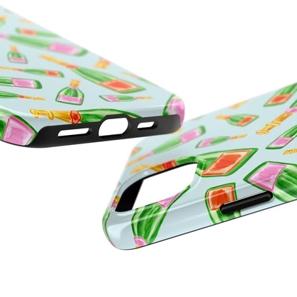 Tossed Pink and Green & Orange and Green Watercolor Illustrated Champagne Bottles Pattern Light Blue Tough Phone Case | Various Models
