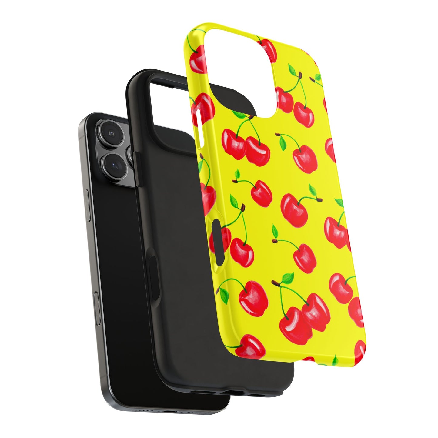 Tossed Red Watercolor Cherries Illustrated Pattern Bright Yellow Tough Phone Case | Various Models