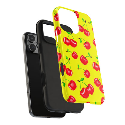 Tossed Red Watercolor Cherries Illustrated Pattern Bright Yellow Tough Phone Case | Various Models