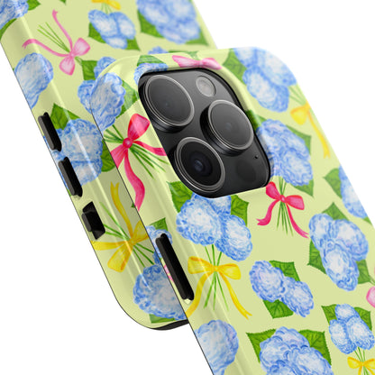 Blue Watercolor Hydrangea Bunches with Hot Pink, Yellow, Light Pink Bows Illustrated Patterned Yellow Tough Phone Case | Various Models