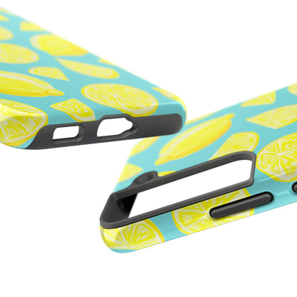 Bright Yellow Lemons Watercolor Illustrated Tossed Pattern Turquoise Blue Tough Phone Case | Various Models