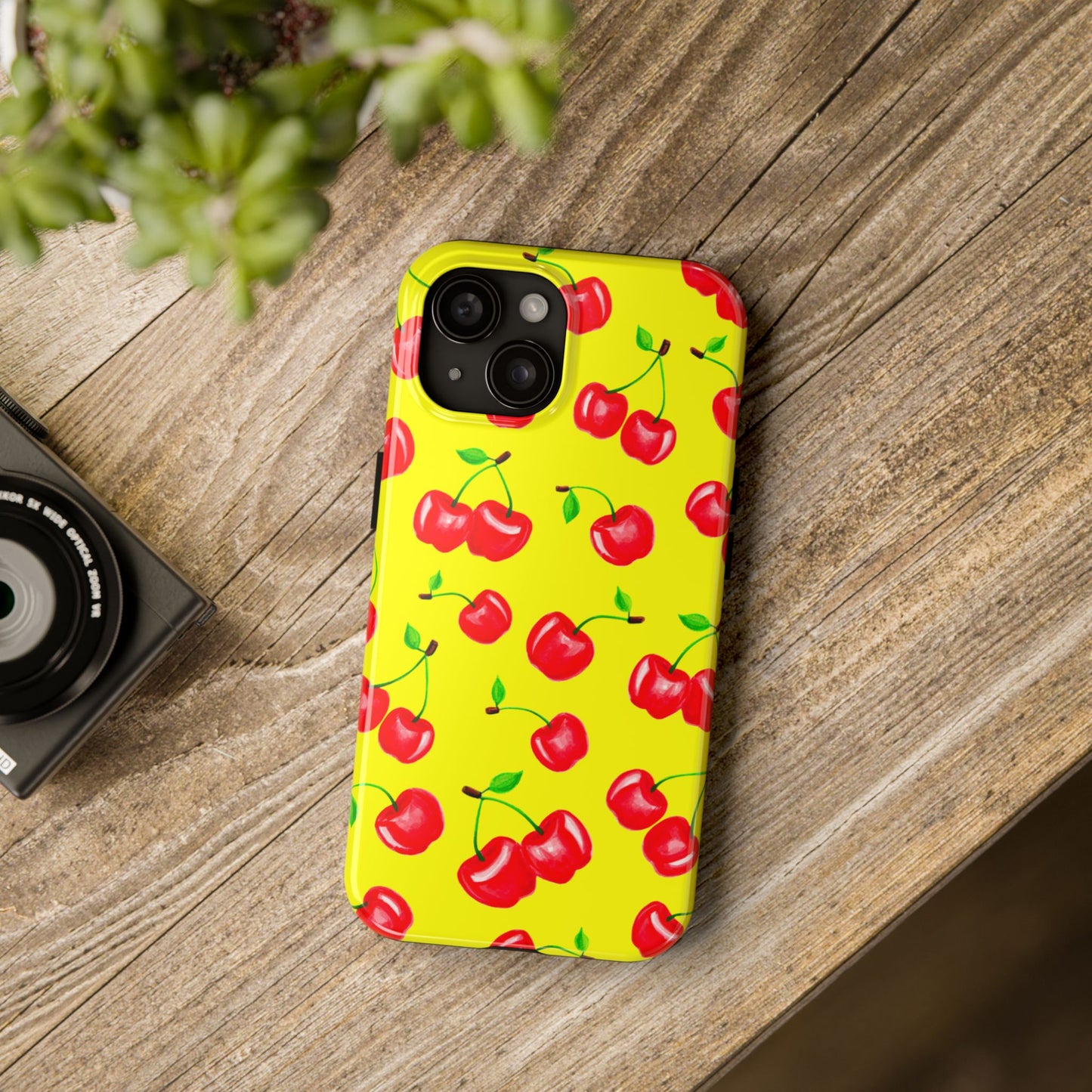 Tossed Red Watercolor Cherries Illustrated Pattern Bright Yellow Tough Phone Case | Various Models