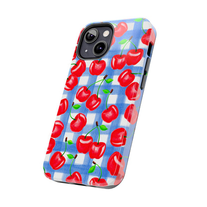 Tossed Red Cherries Blue Gingham Checkered Watercolor Illustrated Tough Phone Case | Various Models