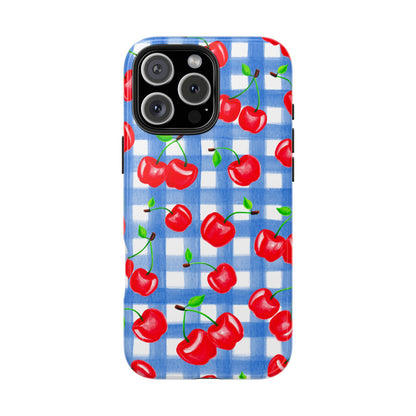 Tossed Red Watercolor Illustrated Cherries Light Blue Gingham Tough Phone Case | Various Models