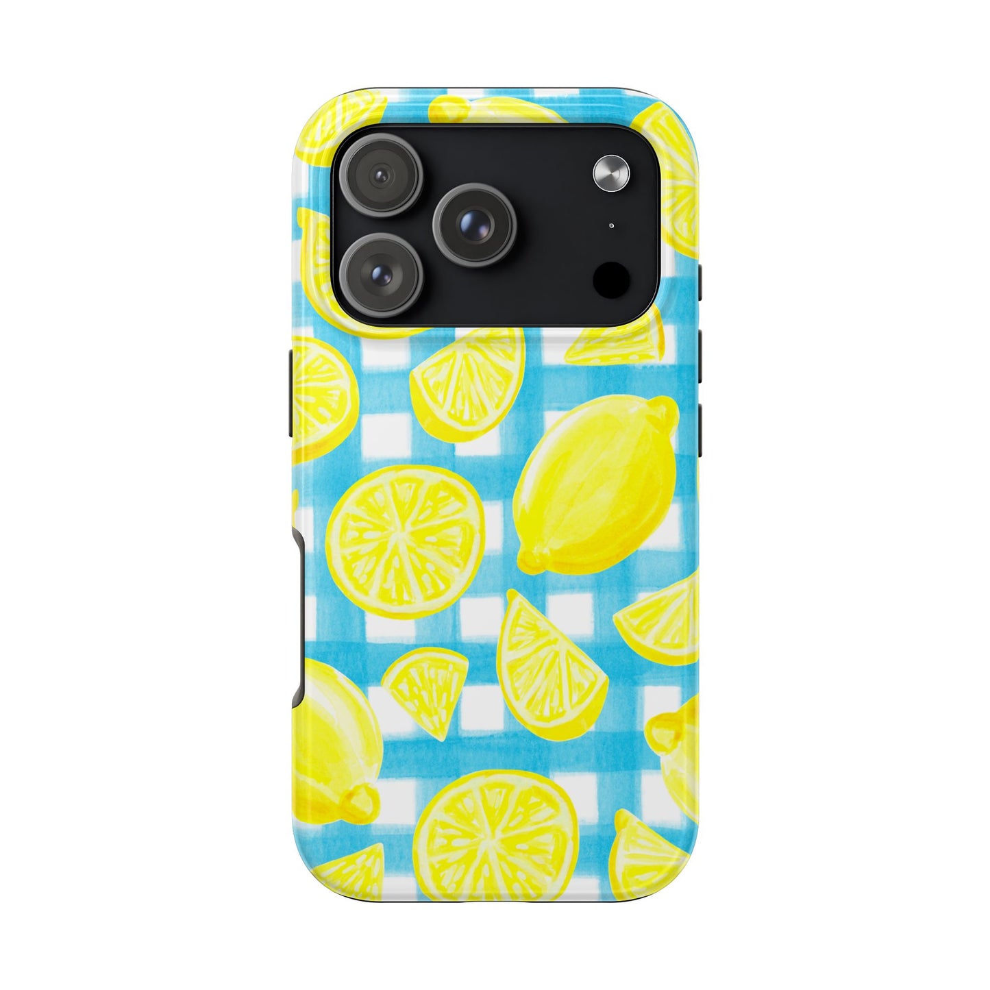 Yellow Lemons & Turquoise Gingham Watercolor Illustrated Tough Phone Case | Various Models Available