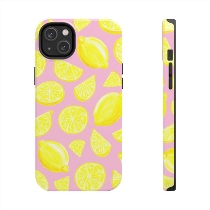 Bright Yellow Lemons Watercolor Illustrated Tossed Pattern Light Pink Tough Phone Case | Various Models
