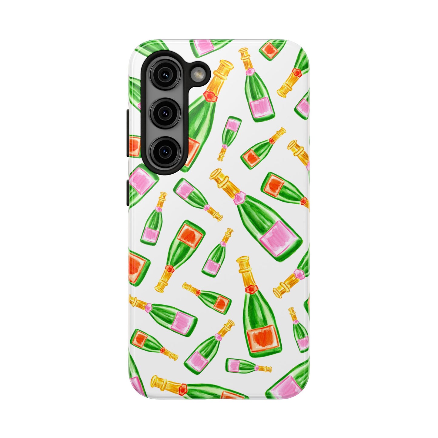 Tossed Pink and Green & Orange and Green Watercolor Illustrated Champagne Bottles Pattern Tough Phone Case | Various Models