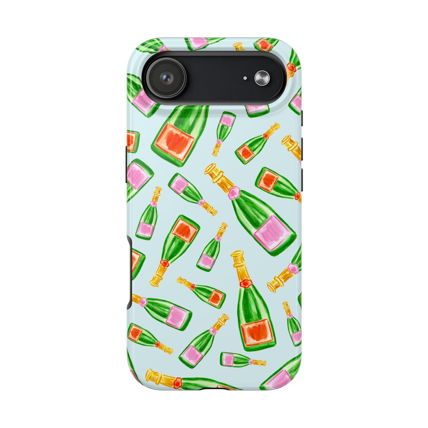 Tossed Pink and Green & Orange and Green Watercolor Illustrated Champagne Bottles Pattern Light Blue Tough Phone Case | Various Models