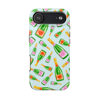 Tossed Pink and Green & Orange and Green Watercolor Illustrated Champagne Bottles Pattern Light Blue Tough Phone Case | Various Models