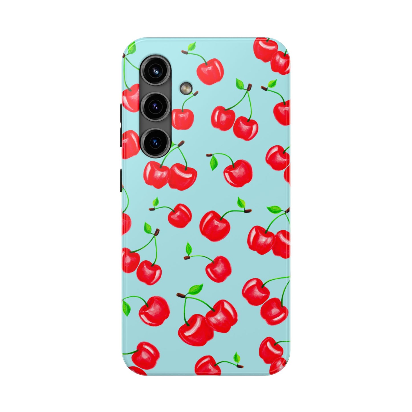 Tossed Red Watercolor Cherries Illustrated Pattern Bright Blue Tough Phone Case | Various Models