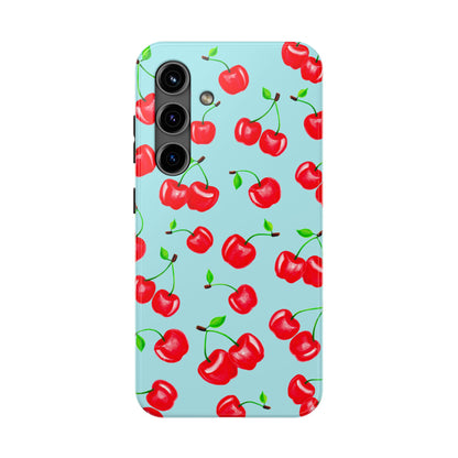 Tossed Red Watercolor Cherries Illustrated Pattern Bright Blue Tough Phone Case | Various Models