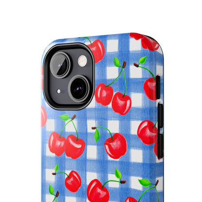 Tossed Red Watercolor Illustrated Cherries Light Blue Gingham Tough Phone Case | Various Models