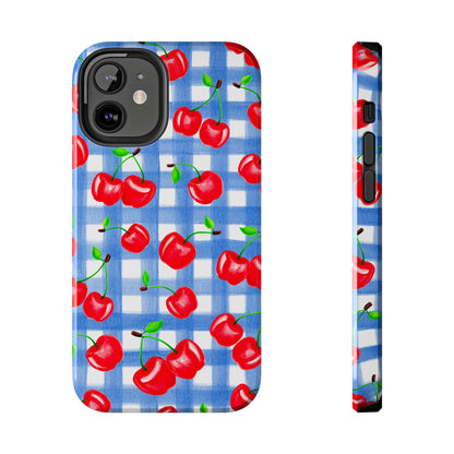 Tossed Red Watercolor Illustrated Cherries Light Blue Gingham Tough Phone Case | Various Models