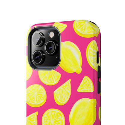 Bright Yellow Lemons Watercolor Illustrated Tossed Pattern Watermelon Pink Tough Phone Case | Various Models