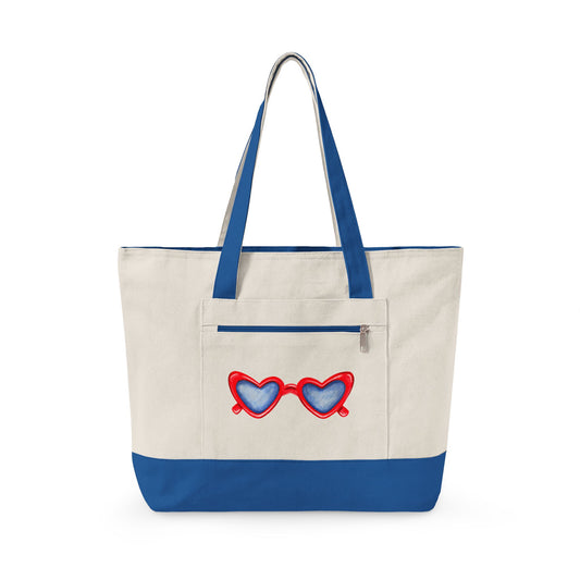 Red Heart Shaped Sunglasses Printed Zippered Canvas Tote 18" x 14" | Various Colors 18" x 14" x 4.5" Natural Royal