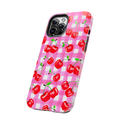 Tossed Red Watercolor Cherries Illustrated Pattern Light Pink Gingham Tough Phone Case | Various Models