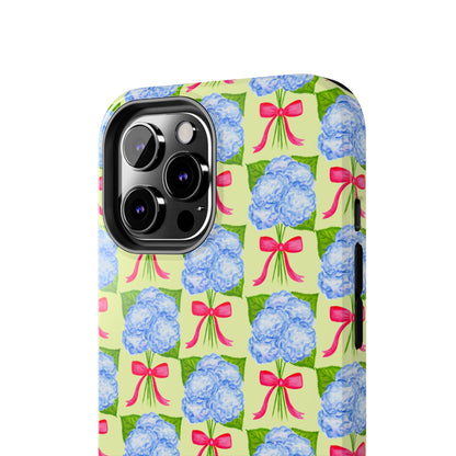 Blue Watercolor Hydrangea Bouquets with Hot Pink Bows Illustrated Patterned Yellow Preppy Grand Millenial Tough Phone Case | Various Models