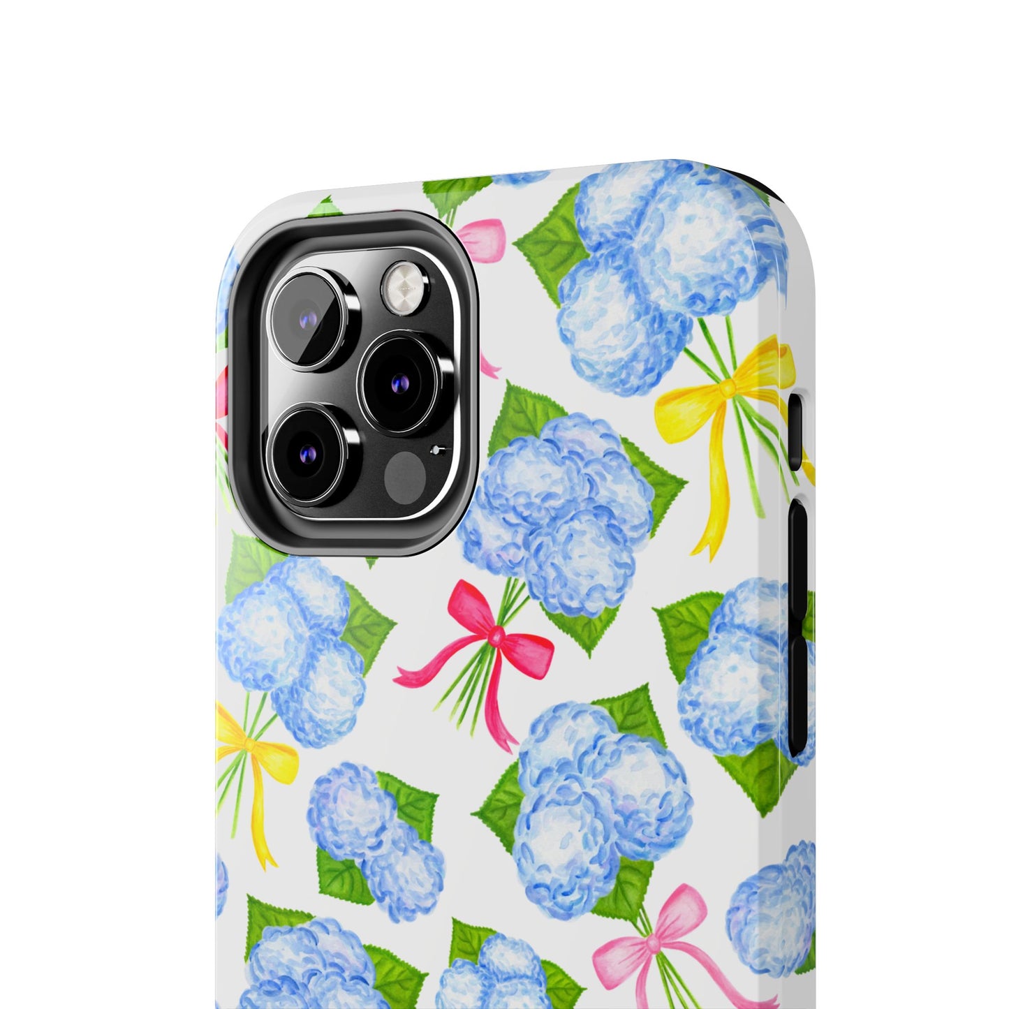 Blue Watercolor Hydrangea Bunches with Hot Pink, Yellow, Light Pink Bows Illustrated Patterned Tough Phone Case | Various Models
