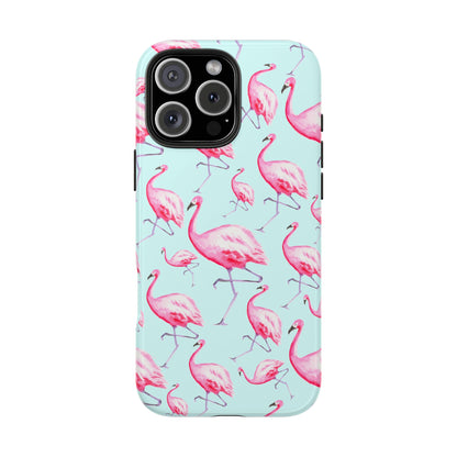 Pink Flamingos Watercolor Illustrated Tossed Pattern Blue Phone Case | Various Models iPhone 16 Pro Max