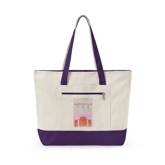 Purple Cornelia Street Townhouse Watercolor Printed Zippered Canvas Tote 18" x 14" | Various Colors 18" x 14" x 4.5" Natural Purple