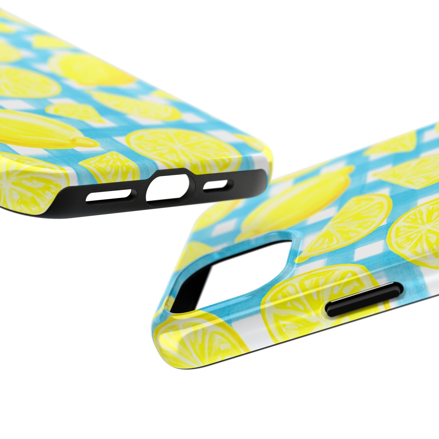 Bright Yellow Lemons Watercolor Illustrated Tossed Pattern Turquoise Gingham Tough Phone Case | Various Models