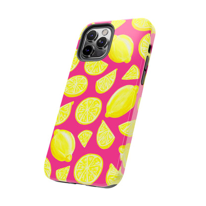 Bright Yellow Lemons Watercolor Illustrated Tossed Pattern Watermelon Pink Tough Phone Case | Various Models