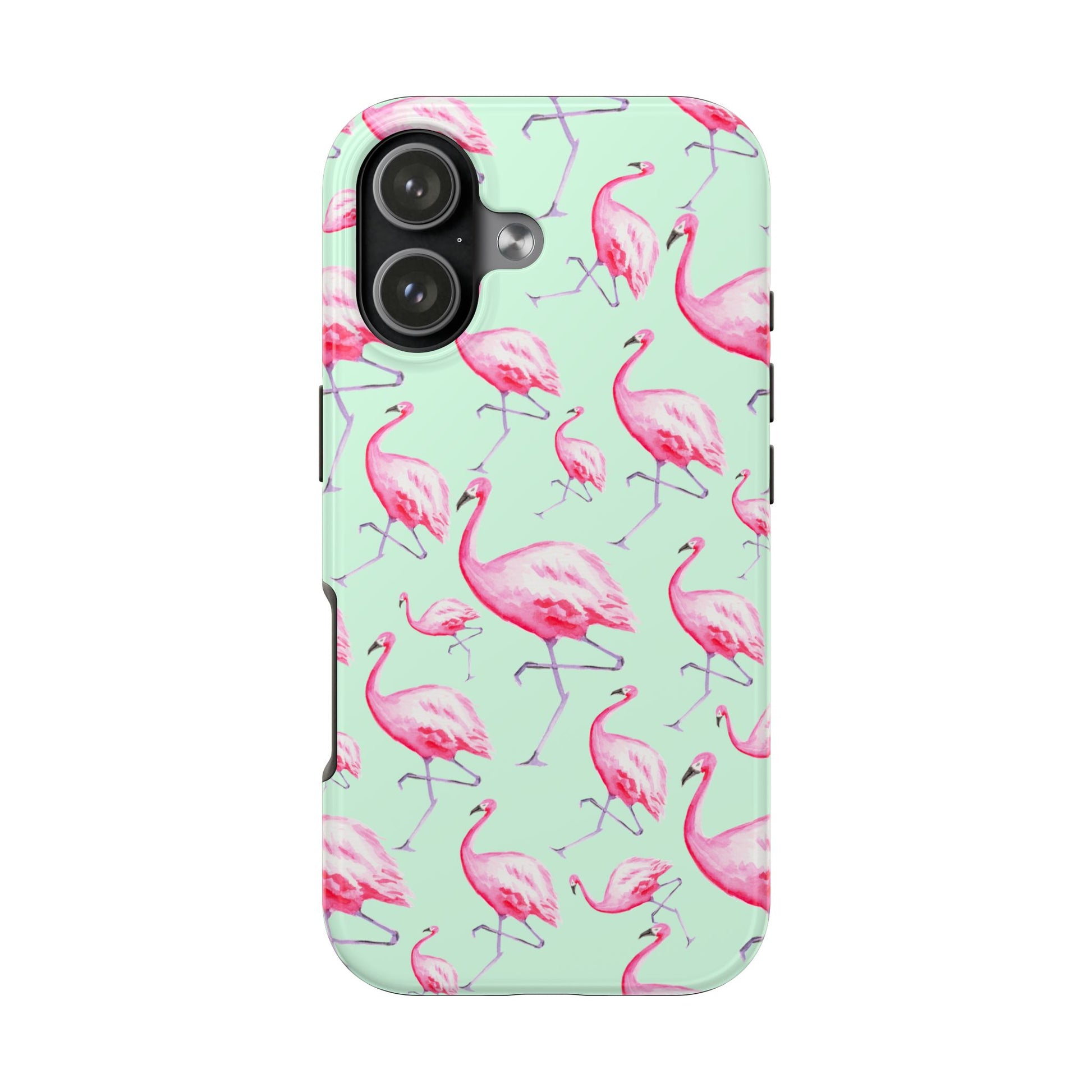 Pink Flamingos Watercolor Illustrated Tossed Pattern Green Phone Case | Various Models iPhone 17