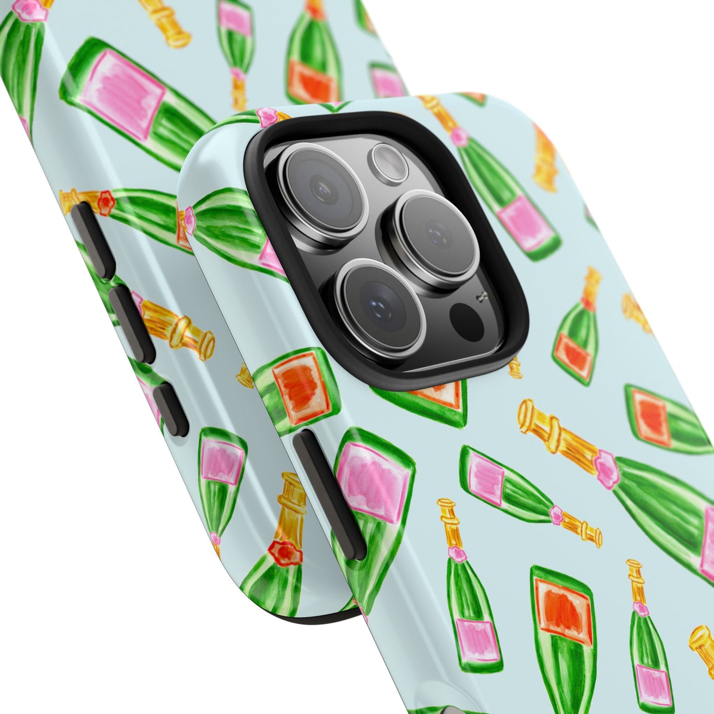 Tossed Pink and Green & Orange and Green Watercolor Illustrated Champagne Bottles Pattern Light Blue Tough Phone Case | Various Models