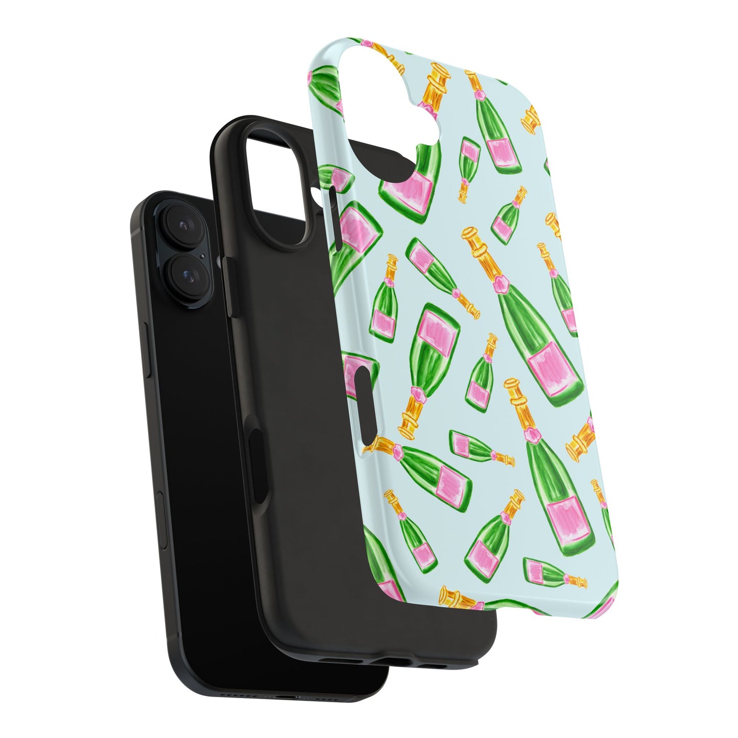 Tossed Pink and Green Watercolor Illustrated Champagne Bottles Pattern Light Blue Tough Phone Case | Various Models