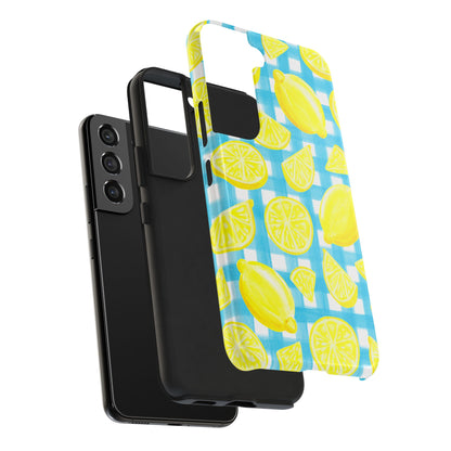 Bright Yellow Lemons Watercolor Illustrated Tossed Pattern Turquoise Gingham Tough Phone Case | Various Models