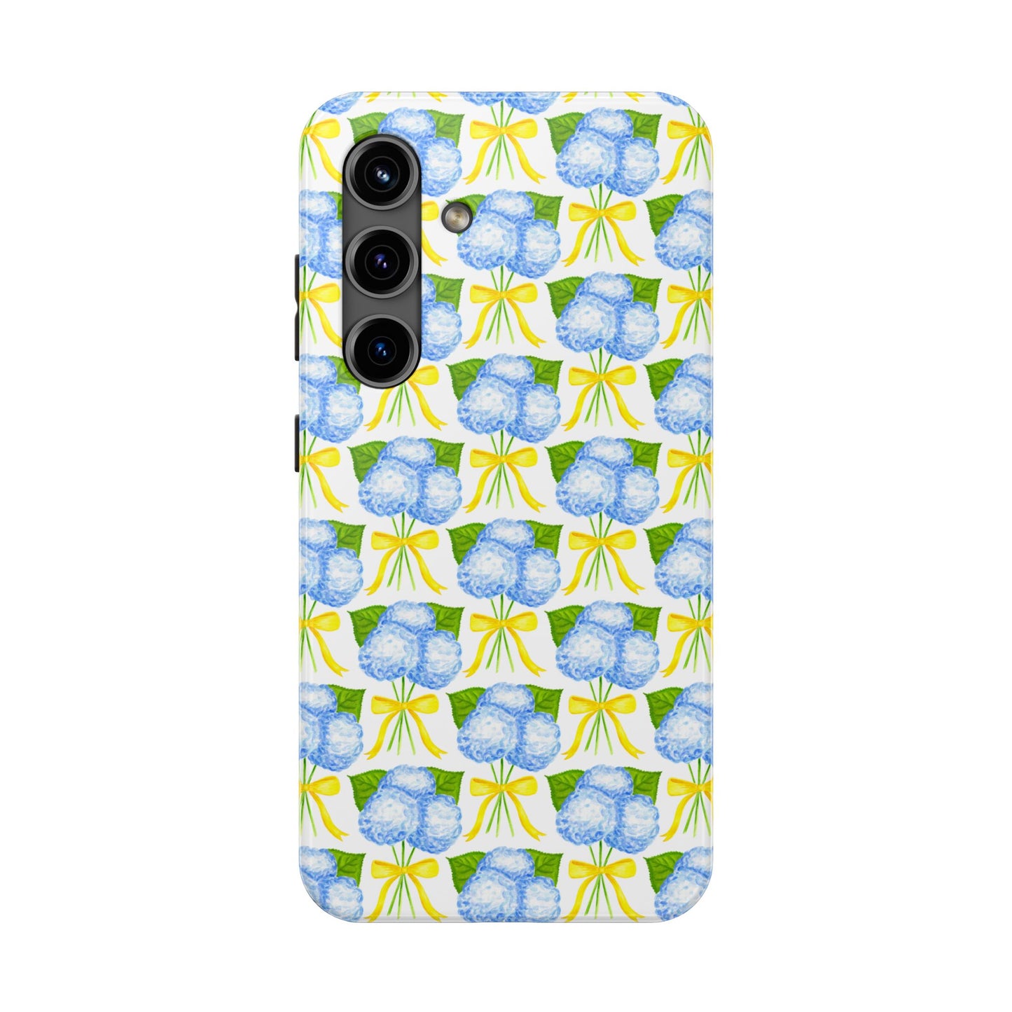 Blue Hydrangea Bouquets with Yellow Bow Ribbon Watercolor Illustrated Patterned Tough Phone Case | Various Models