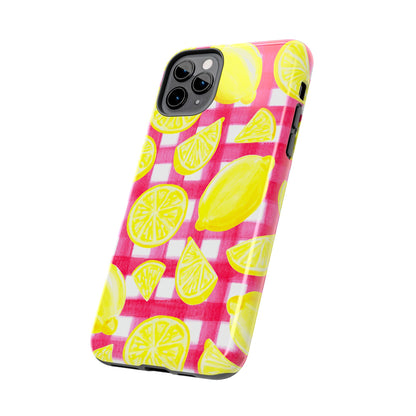 Yellow Lemons & Hot Pink Gingham Watercolor Illustrated Tough Phone Case | Various Models Available