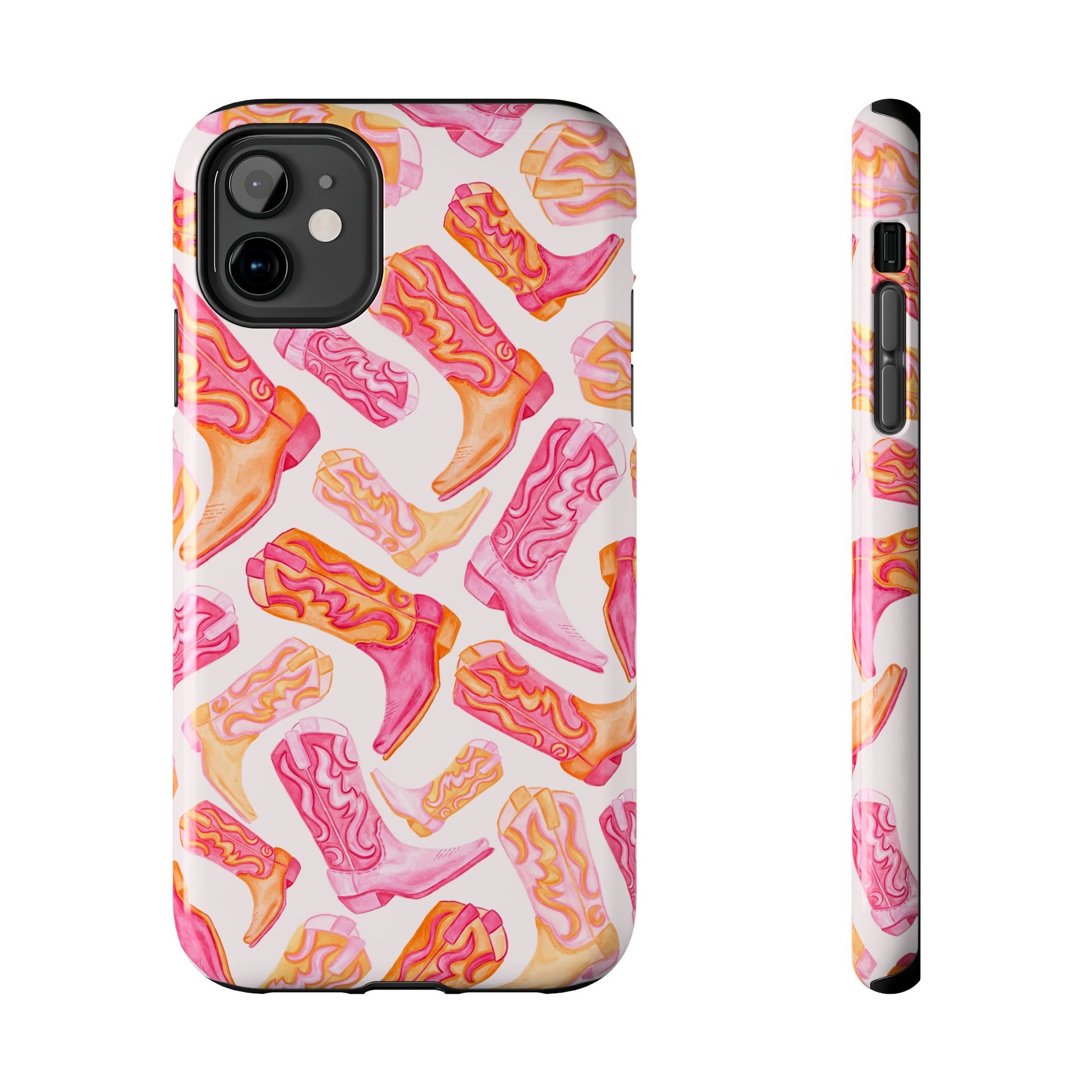 Tossed Hot Pink & Orange Watercolor Cowboy Boots Tough Light Pink Phone Case | Various Models Available