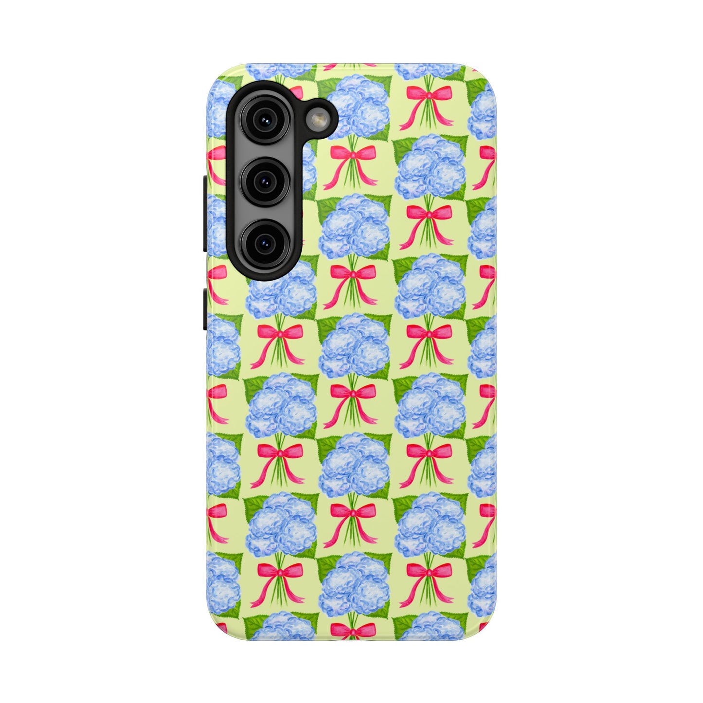 Blue Watercolor Hydrangea Bouquets with Hot Pink Bows Illustrated Patterned Yellow Preppy Grand Millenial Tough Phone Case | Various Models