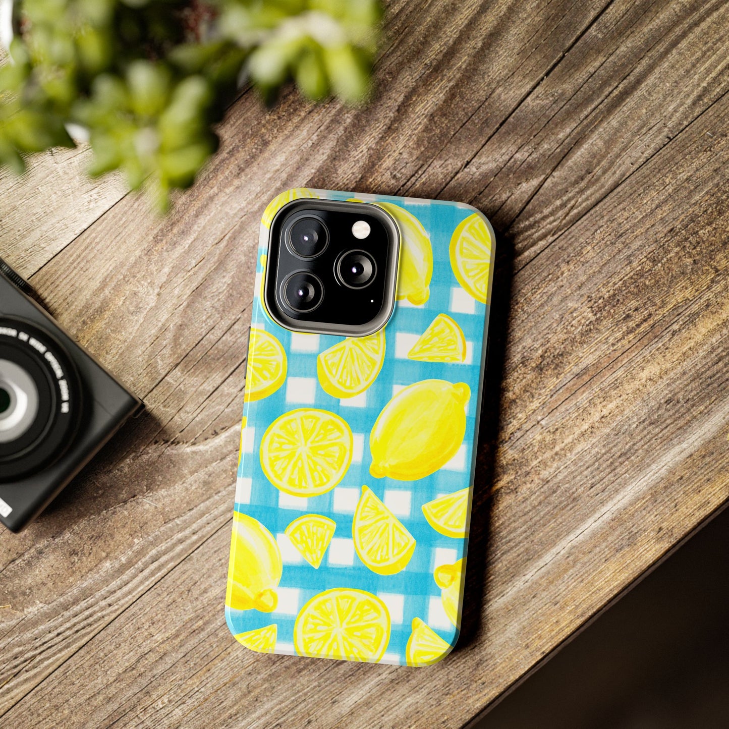 Yellow Lemons & Turquoise Gingham Watercolor Illustrated Tough Phone Case | Various Models Available