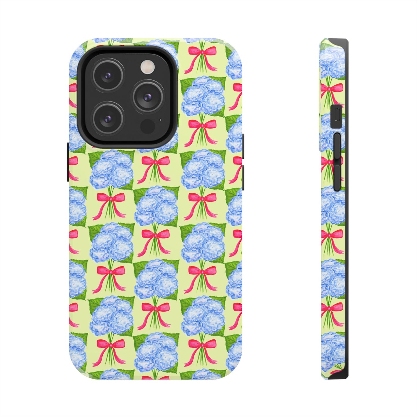 Blue Watercolor Hydrangea Bouquets with Hot Pink Bows Illustrated Patterned Yellow Preppy Grand Millenial Tough Phone Case | Various Models