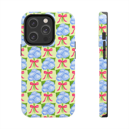 Blue Watercolor Hydrangea Bouquets with Hot Pink Bows Illustrated Patterned Yellow Preppy Grand Millenial Tough Phone Case | Various Models