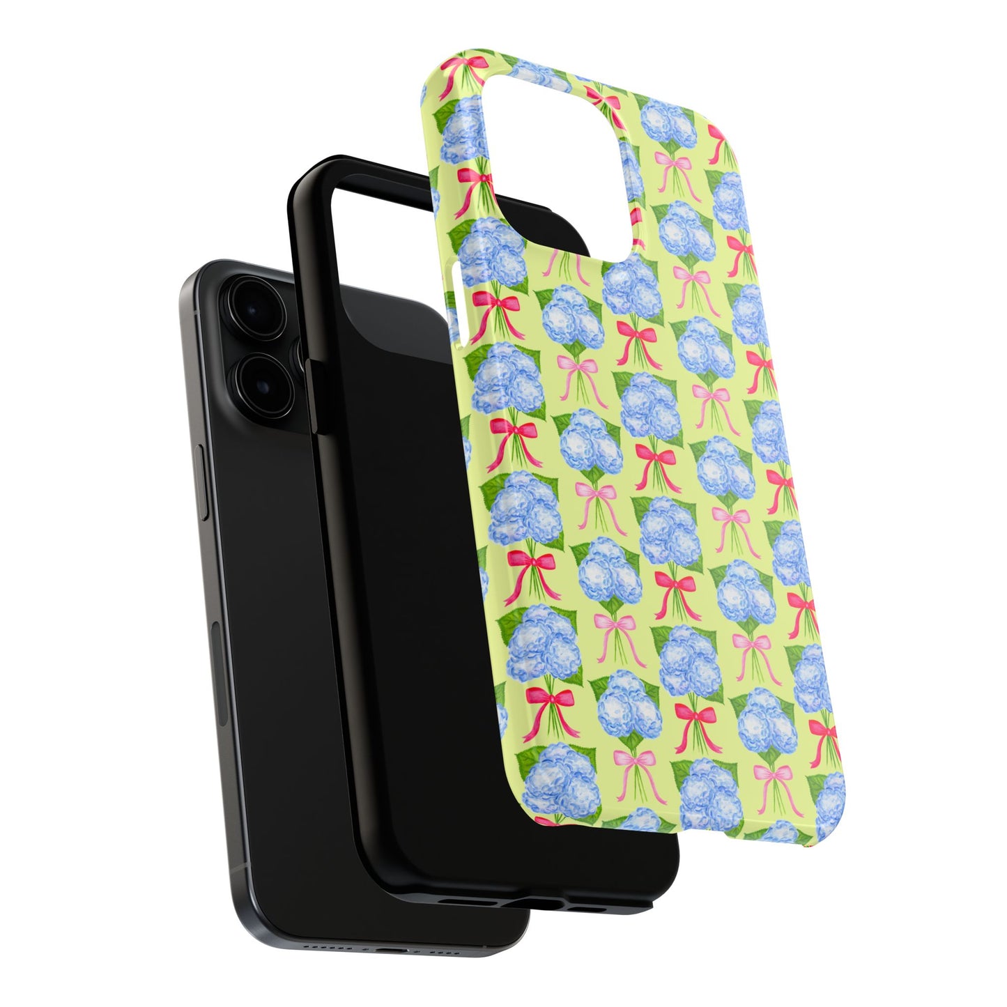 Watercolor Blue Hydrangea Bouquets with Hot Pink and Light Pink Bow Ribbons Illustrated Pattern Yellow Tough Phone Case | Various Models